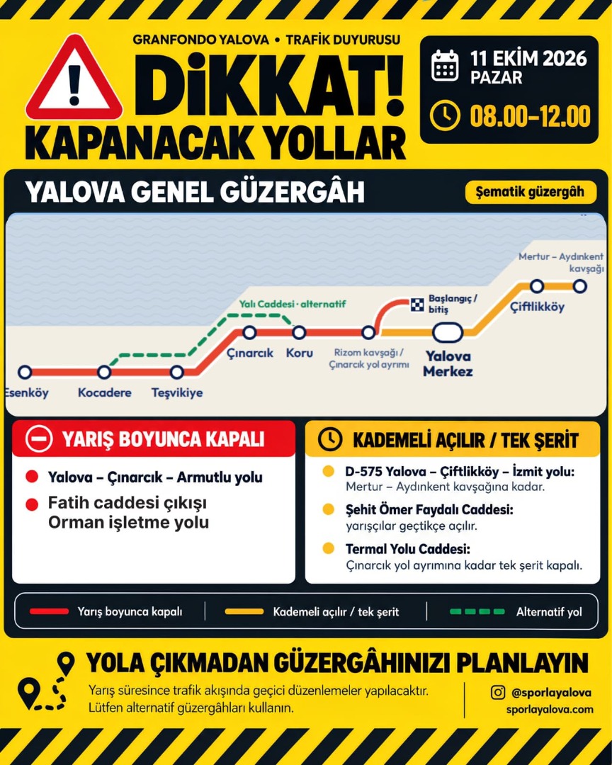 11 EKİM PAZAR GÜNÜ ÇINARCIK-YALOVA YOLU 4 SAAT KAPALI! İŞTE ALTERNATİF GÜZERGAHLAR